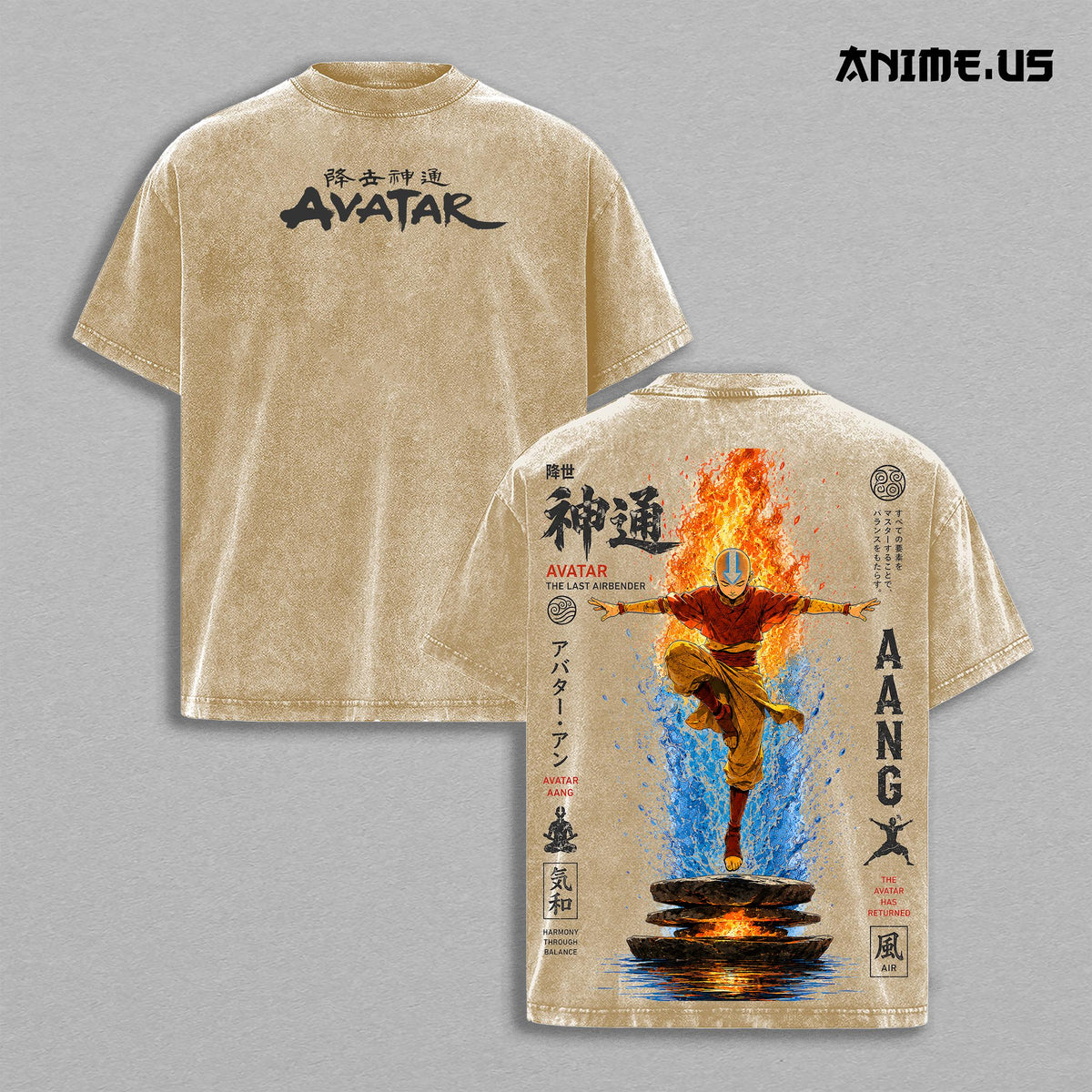 Avatar Aang The Last Airbender Anime Graphic Vintage Shirt, Avatar State 4 Elements Air Nomad Elemental Master Heavyweight Washed Cotton Anime Tee T-Shirt Cartoon Fantasy Bending Streetwear