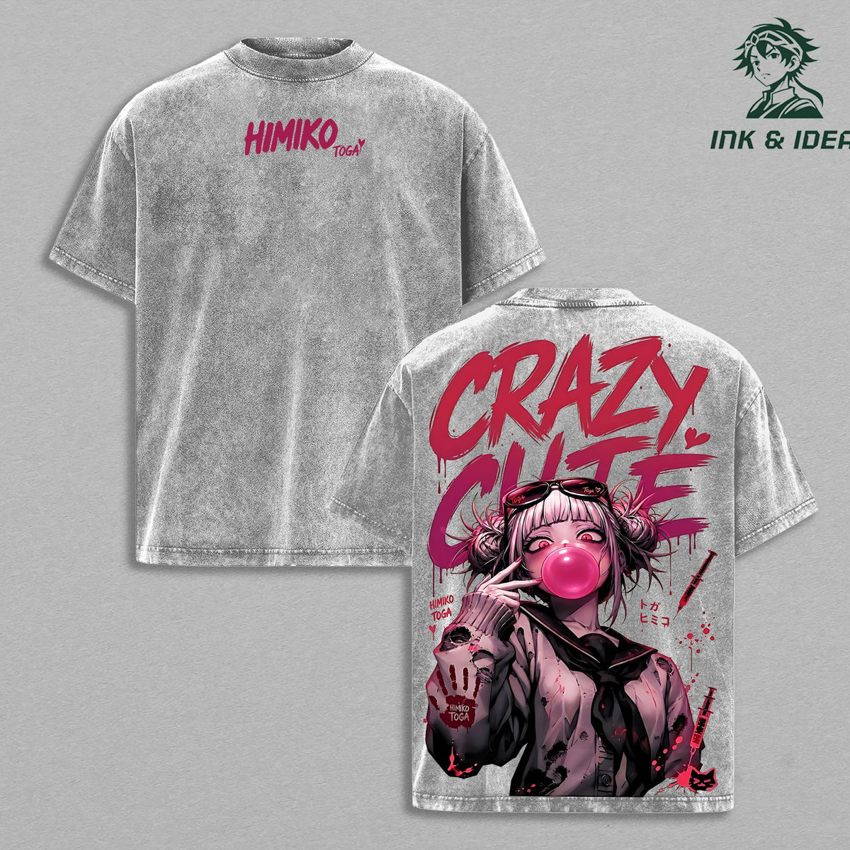 Himiko Toga Vintage Washed T-Shirt, Crazy Cute Yandere Anime Oversized Streetwear Tee, Heavy Cotton Dark Aesthetic Graphic Shirt, Retro Manga Unisex Top Gift for MHA Fans