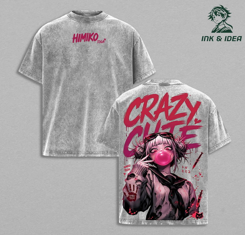 Himiko Toga Vintage Washed T-Shirt, Crazy Cute Yandere Anime Oversized Streetwear Tee, Heavy Cotton Dark Aesthetic Graphic Shirt, Retro Manga Unisex Top Gift for MHA Fans