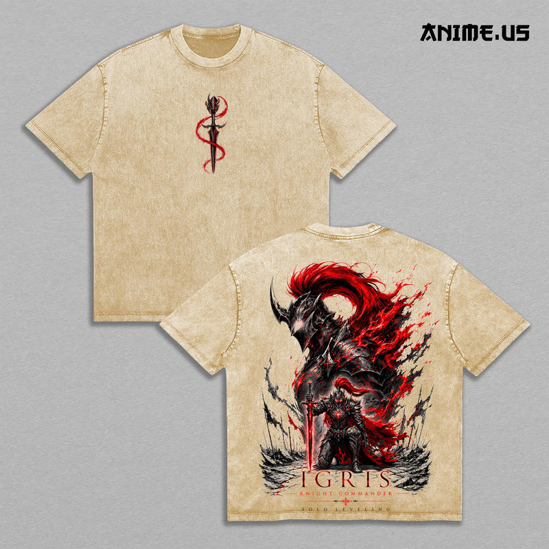 Igris Knight Commander Solo Leveling Vintage Washed T-Shirt | Shadow Knight Anime Graphic Tee | Oversized Heavyweight Streetwear Shirt