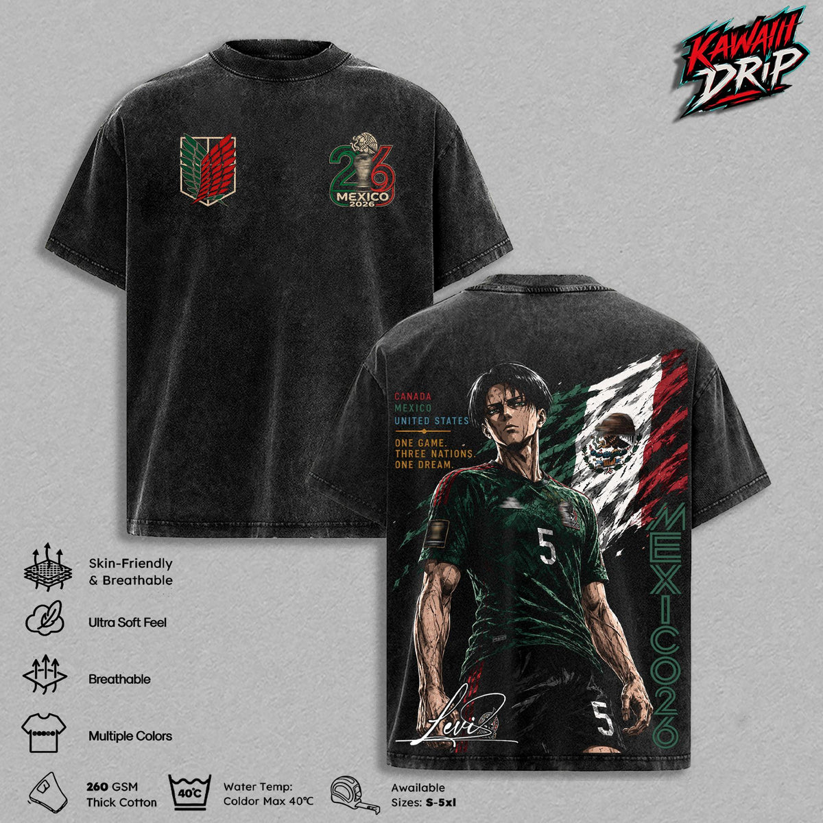 Mexico World Football Tour 2026 X Levi Ackerman Attack On Titan Vintage Washed Anime Soccer T Shirt, Retro Futbol Graphic Tee, Oversized Heavyweight Cotton Streetwear, Football Fan Shirt, Sports Aesthetic Gift Merch Apparel