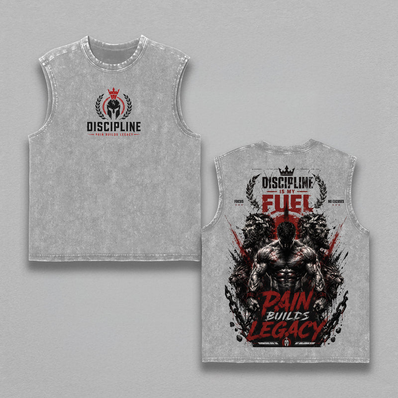 Discipline Is My Fuel Vintage Washed Tank Top – Pain Builds Legacy Graphic Sleeveless Shirt, Heavy Cotton Muscle Tank for Men, Gym Motivation Fitness Streetwear