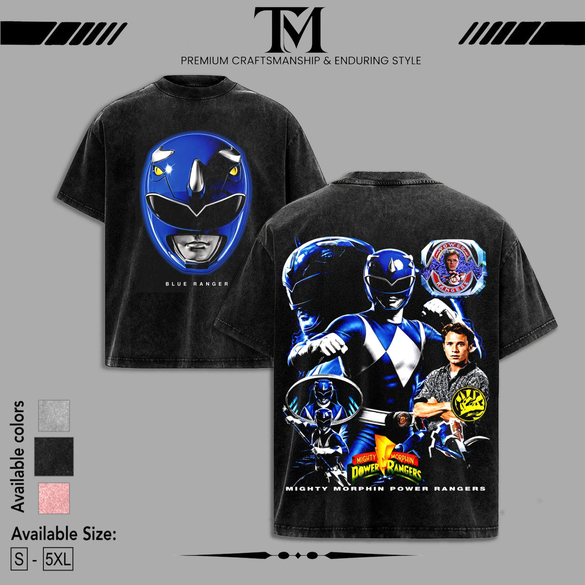 Blue Ranger Mighty Morphin Power Rangers Doubled Printed Oversize Lightweight Tee, Vintage Graphic TV Show Top Cotton, Movie Lover, Streetwear Soft Crew Neck, Gift for fan