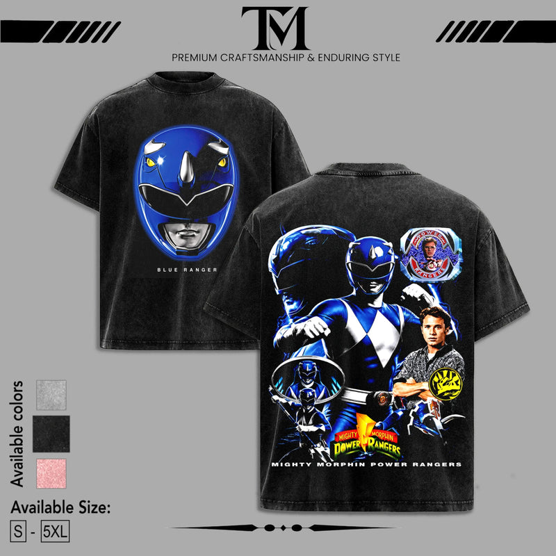 Blue Ranger Mighty Morphin Power Rangers Doubled Printed Oversize Lightweight Tee, Vintage Graphic TV Show Top Cotton, Movie Lover, Streetwear Soft Crew Neck, Gift for fan