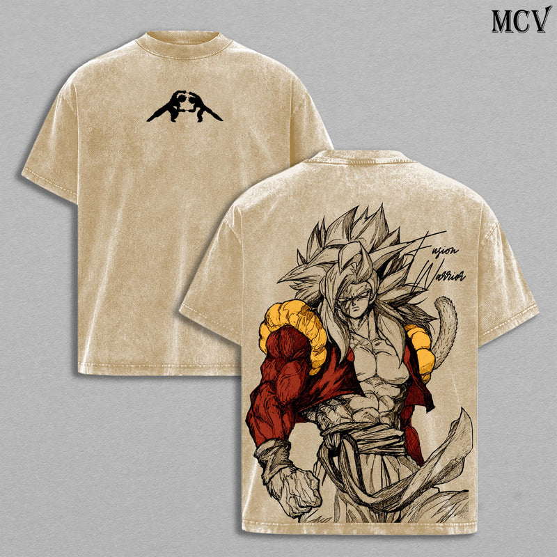 Gogeta Tshirt washed – Fusion Warrior DBZ SSJ4 Gogeta Anime Manga Fusion Warrior Graphic Double Printed T-Shirt, Menswear Heavy Cotton Unisex Oversize Streetwear Vintage Edition