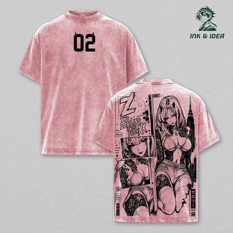Zero Two Vintage Washed Gym T-Shirt, Darling in the Franxx 02 Graphic Tee, Anime Girl Oversized Heavy Cotton Gym Shirt, Retro Manga Unisex Streetwear