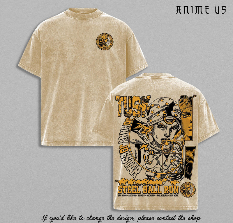 Johnny Joestar – JoJo’s Bizarre Adventure Steel Ball Run Vintage Washed T Shirt | Heavy Cotton Anime Streetwear Tee | Joestar Graphic Back | Manga Aesthetic Shirt Gift for JoJo Fans