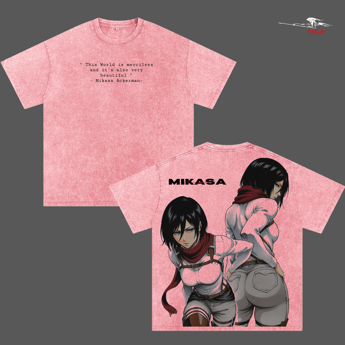 Mikasa Ackerman Attack on Titan Anime Double Printed Vintage Washed Tee Unisex Oversize Anime Manga Washed Heavyweight Cotton T-shirt