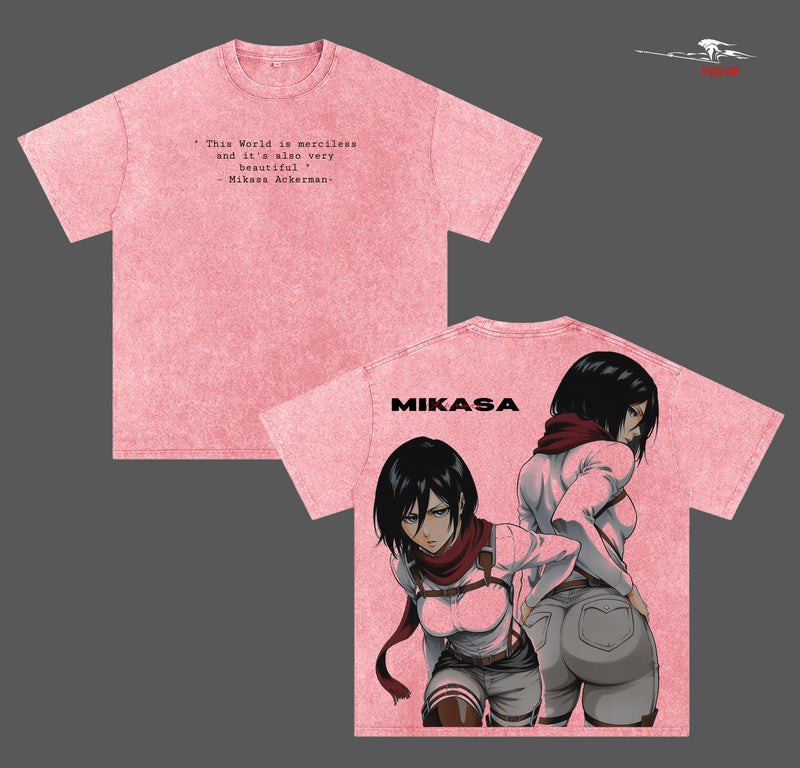 Mikasa Ackerman Attack on Titan Anime Double Printed Vintage Washed Tee Unisex Oversize Anime Manga Washed Heavyweight Cotton T-shirt
