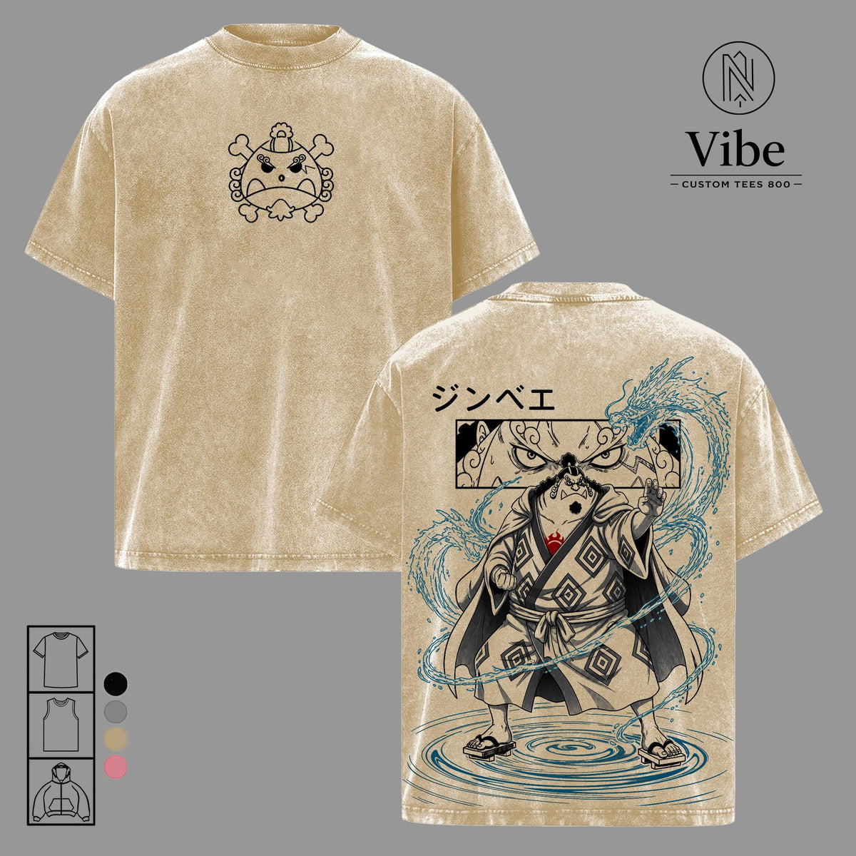 1 Piece Jinbe Vintage Washed Graphic Top - Straw Hat Pirates Manga Oversized Cotton T-Shirt, Tank Top, Sweatshirt, Hoodie - Japanese Streetwear Ribbed Hem Menswear Apparel, Gift for Anime Fans