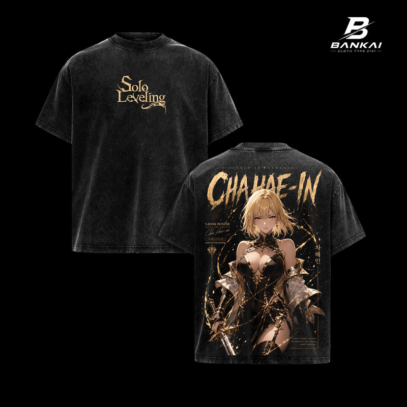 Cha Hae In Solo Leveling Vintage Washed Oversized Graphic T-Shirt, Anime Streetwear Tee With S Rank Hunter Warrior Artwork, Fantasy Sword Fighter Print, Heavy Cotton Retro Grunge Shirt, Japanese Manga Inspired Clothing, Unisex Gift For Solo Leveling Fans