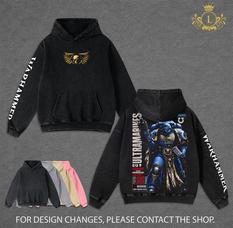 Ultramarines Warhammer 40,000 Dawn of War IV Hoodie Wash, Vintage Grimdark Sci Fi Graphic Hoodie, Space Warrior Gaming Streetwear, Heavyweight Cotton Pullover, Warhammer 40K Fan Apparel, Retro Video Game Hoodie, Unisex Gamer Gift