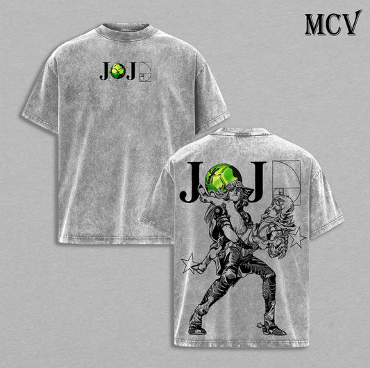 Johnny Joestar x Gyro Zeppeli – JoJo’s Bizarre Adventure Steel Ball Run Part 7 Anime Manga Spin Technique Western Race Graphic Double Printed Washed Tee, Menswear Heavy Cotton Unisex Oversize Streetwear Vintage