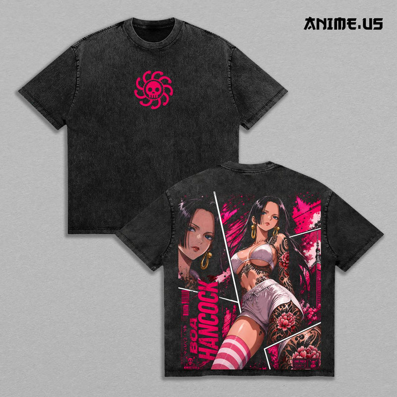 Boa Hancock One Piece Queen Energy Vintage Acid Wash Anime Graphic Tee, Pirate Empress Glamour Tattoo Rose Aura Large Back Print Unisex Cotton Streetwear