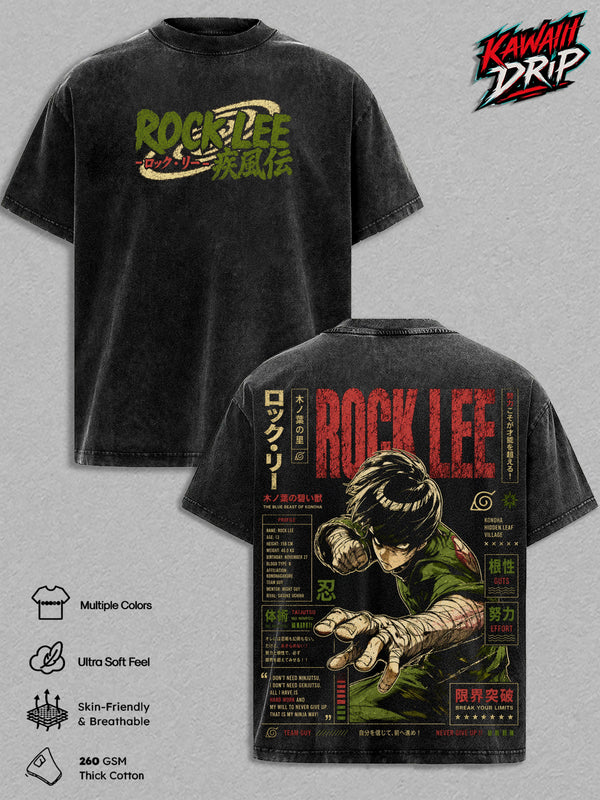 Rock Lee Naruto Vintage Washed T-Shirt - Anime Graphic Tee Heavyweight Cotton Oversized Streetwear TOP Unisex Manga Shirt Gift For Naruto Fans Men & Women