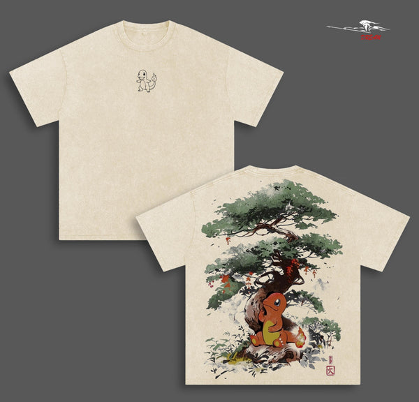 Charmander - Pokemon Anime Double Printed Vintage Washed Tee Unisex Oversize Heavyweight Cotton T-shirt for Anime Fans and Lovers