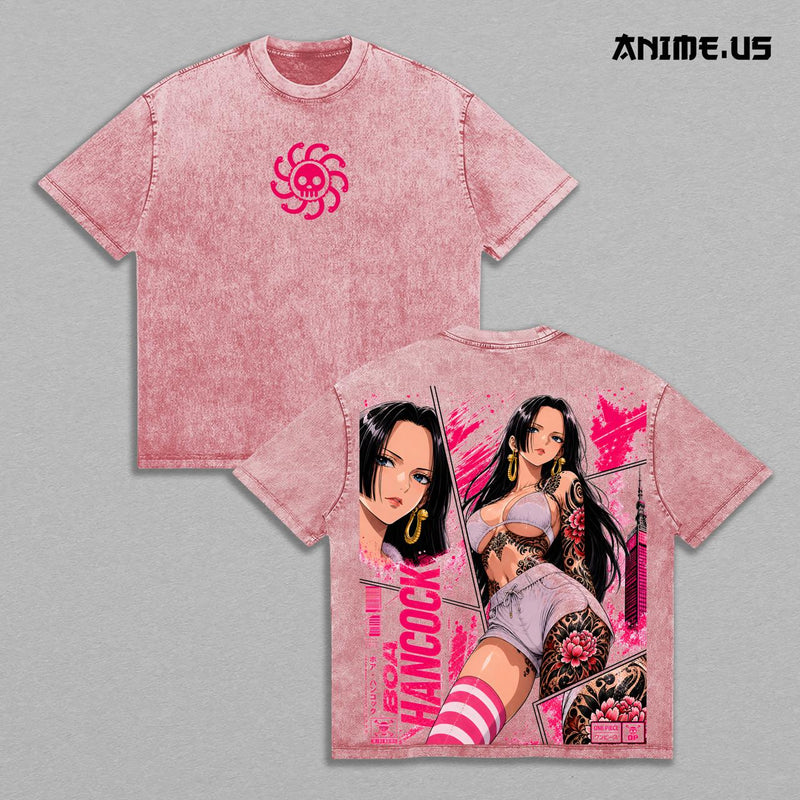 Boa Hancock One Piece Queen Energy Vintage Acid Wash Anime Graphic Tee, Pirate Empress Glamour Tattoo Rose Aura Large Back Print Unisex Cotton Streetwear