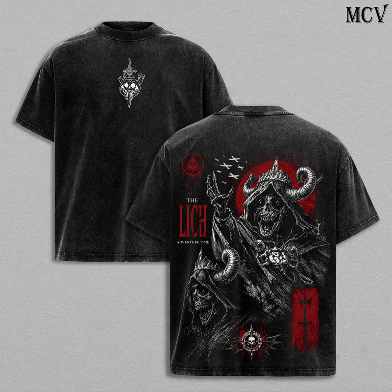 The Lich Adventure Time Vintage Washed Oversized T-Shirt, Dark Fantasy Cartoon Villain Graphic Tee, Double Printed Skull King Artwork, Heavy Cotton Streetwear, Unisex Retro Grunge Shirt