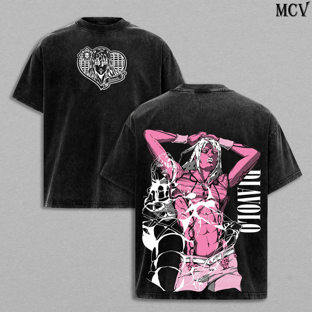Diavolo Washed T-Shirt – JoJo’s Bizarre Adventure Golden Wind King Crimson Stand Time Erase Anime Manga Graphic Double Printed Tee, Menswear Heavy Cotton Unisex Oversize Streetwear