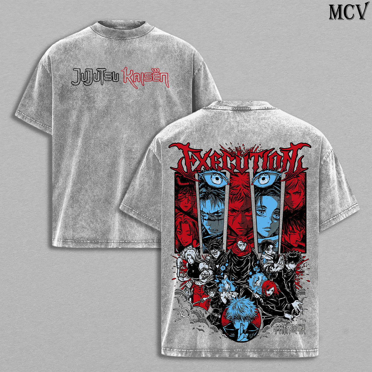 Jujutsu Kaisen Washed T-Shirt – Shibuya Incident Execution Theme Anime Manga Group Graphic Double Printed Tee, Menswear Heavy Cotton JJK Tee Unisex Oversize Streetwear Vintage, Gift for Anime Fans