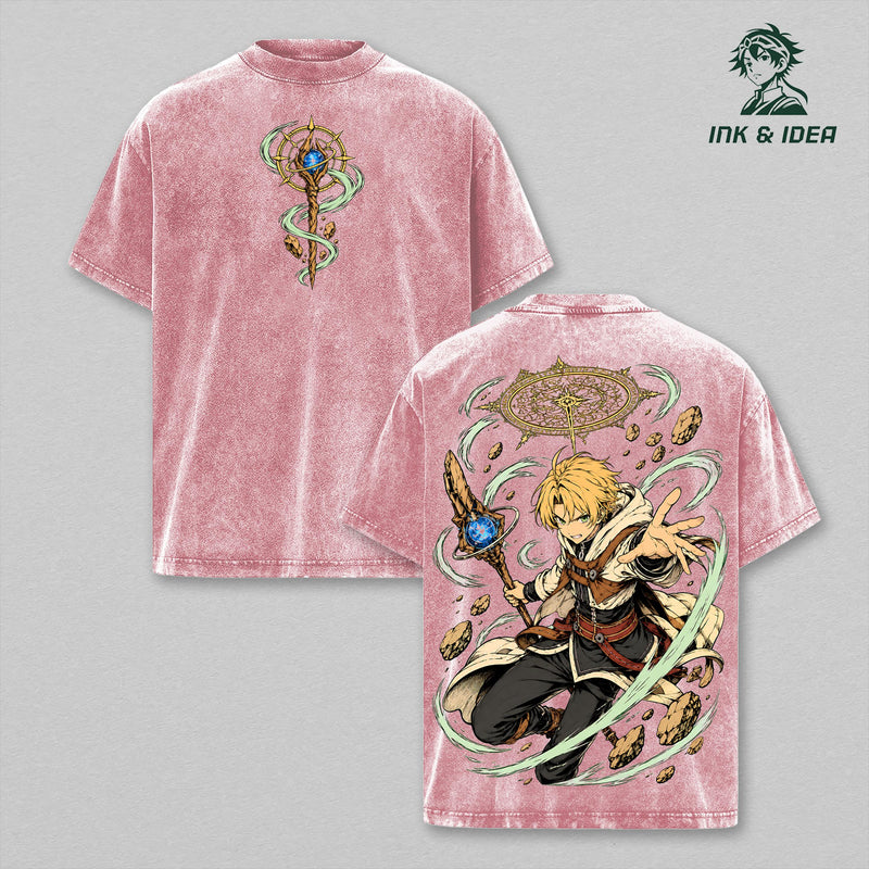 Rudeus Greyrat Mushoku Tensei Vintage Washed Gym T-Shirt, Water Magic Staff Double Sided Anime Graphic Tee, Oversized Heavyweight Cotton Isekai Manga Streetwear, Unisex Fan Gift