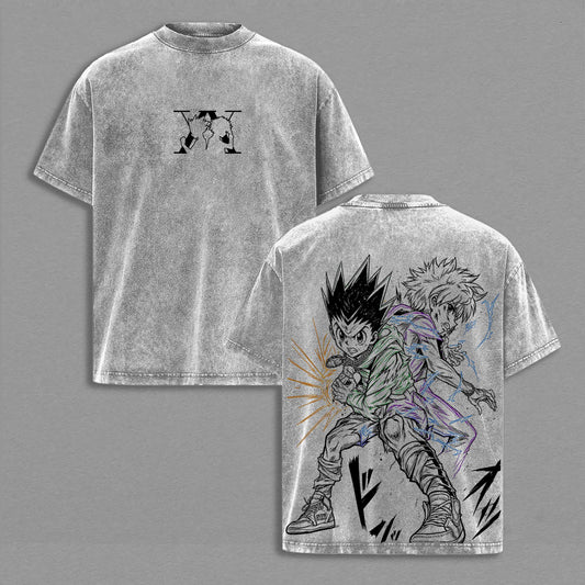 Hunter x Hunter Gon Freecss Killua Zoldyck Anime Vintage Washed Shirt Duo Graphic Tee Oversized Streetwear Unisex