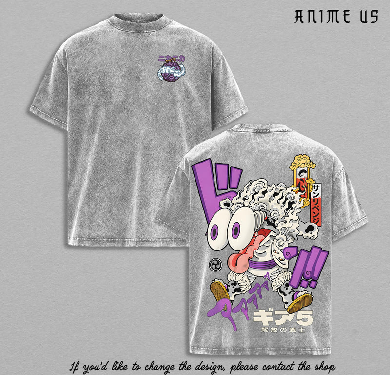 Gear 5 Sun God Nika Sea Emperor Pirate Vintage Washed T-Shirt | White Hair Captain Anime Tee | Toon Force Manga Streetwear