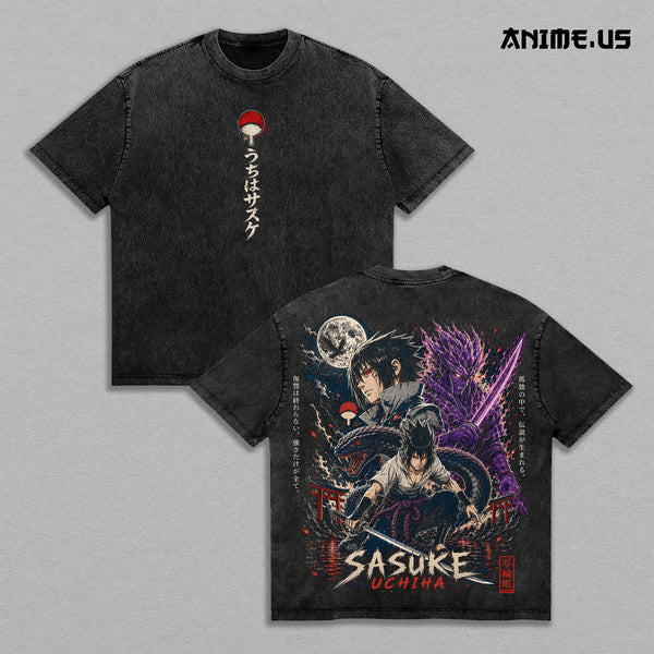 Sasuke Uchiha Susanoo Moon Chidori Naruto Vintage Washed T-Shirt Heavyweight Cotton Anime Streetwear Oversized Tee