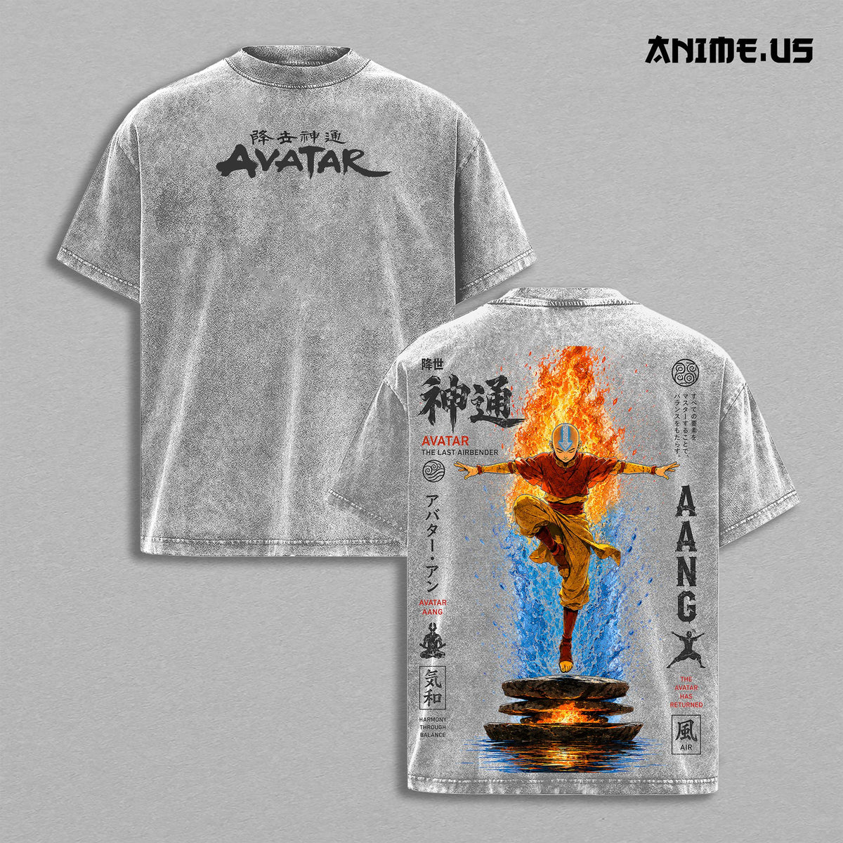 Avatar Aang The Last Airbender Anime Graphic Vintage Shirt, Avatar State 4 Elements Air Nomad Elemental Master Heavyweight Washed Cotton Anime Tee T-Shirt Cartoon Fantasy Bending Streetwear