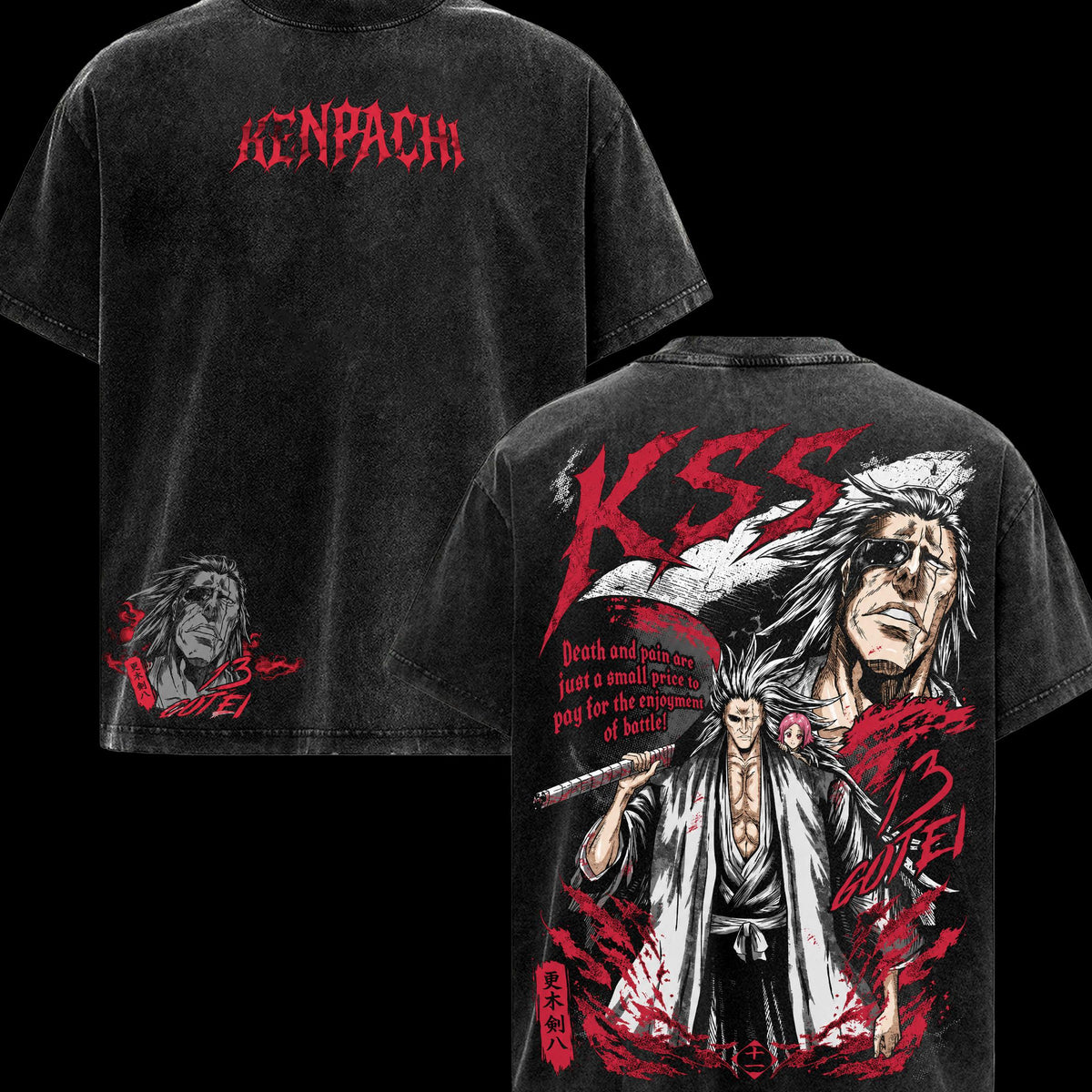 Bleach Kenpachi 13 Gotei Men’s T-Shirt, Vintage Washed Graphic Tee, Classic Casual Soft Cotton Crewneck Streetwear Apparel, Anime Clothes for Fans