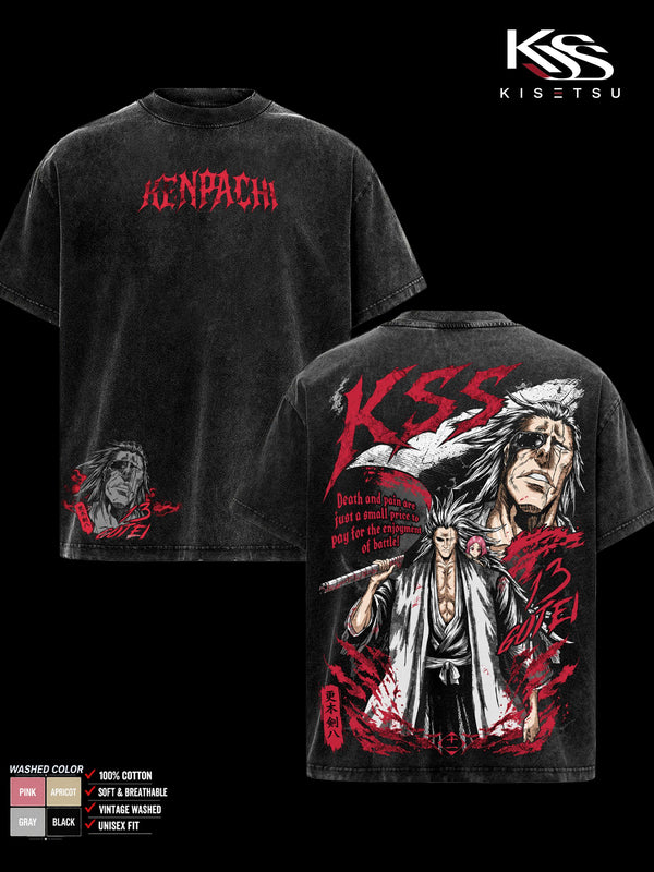 Bleach Kenpachi 13 Gotei Men’s T-Shirt, Vintage Washed Graphic Tee, Classic Casual Soft Cotton Crewneck Streetwear Apparel, Anime Clothes for Fans