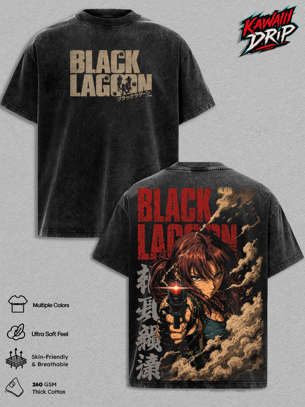 Revy Vintage Washed Anime T-Shirt – Two Hands Revy Graphic Tee, Black Lagoon Streetwear Heavy Cotton Oversized Unisex Manga Shirt, Anime Gift for Men & Women