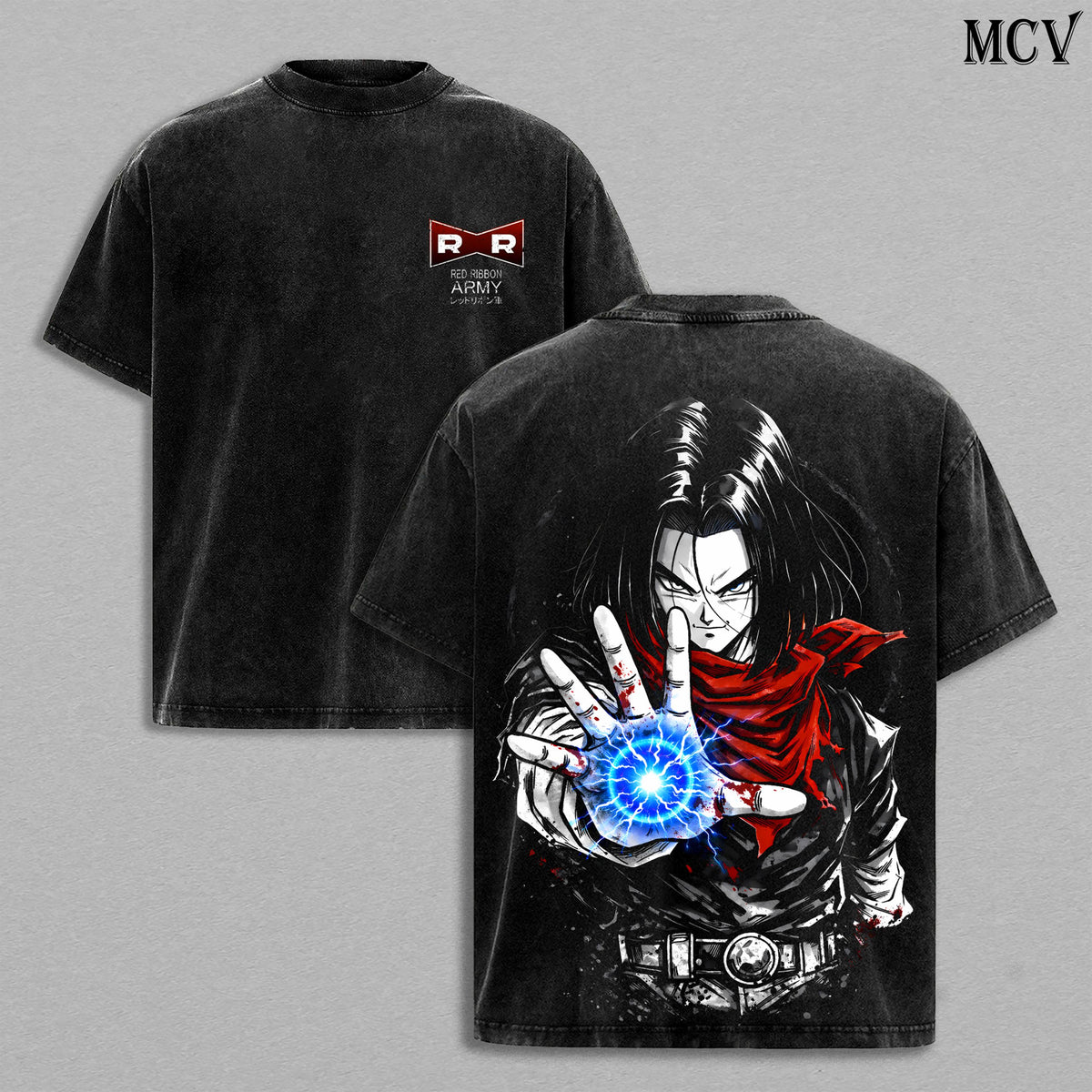 Android 17 Washed Tee – DBZZ Infinite Energy Anime Graphic Double Printed T-Shirt, Menswear Heavy Cotton Unisex Oversize Streetwear Vintage Fighter Edition