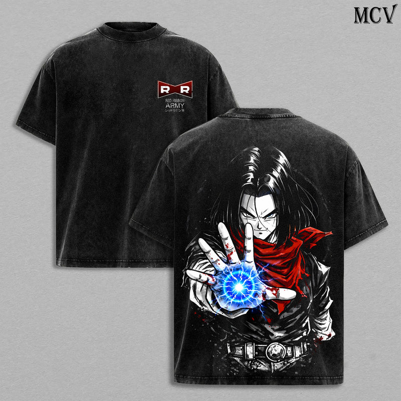 Android 17 Washed Tee – DBZZ Infinite Energy Anime Graphic Double Printed T-Shirt, Menswear Heavy Cotton Unisex Oversize Streetwear Vintage Fighter Edition