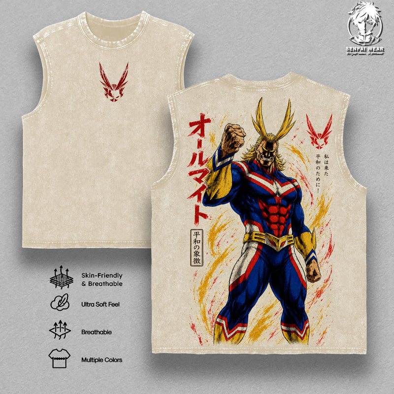 Vintage Washed All Might Tank Top MHA Plus Ultra Gym Wear My Hero Academia Graphic Heavy Cotton Unisex Streetwear Pump Cover Outfit Merch Anime Lovers Mens Gift
