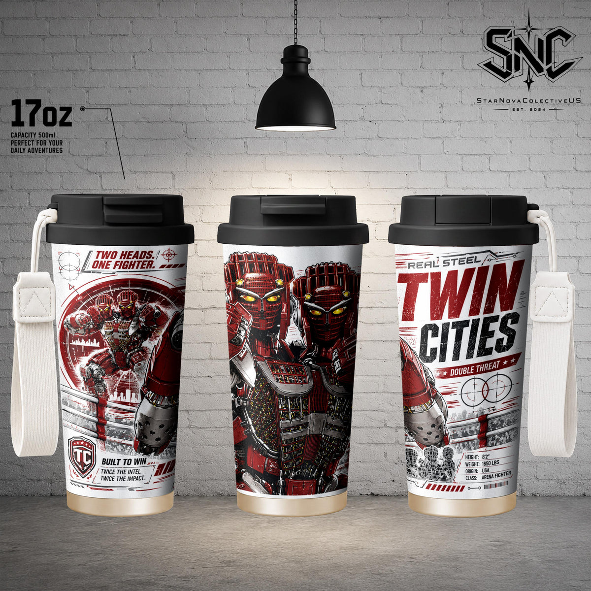 Twin Cities Real Steel Insulated Stainless Steel Tumbler – 17oz, 24oz, 30oz Double Wall Vacuum Travel Coffee Mug with Leak-Resistant Lid | Two-Headed Boxing Robot Gift for Fans, Gym, Office & Everyday Use