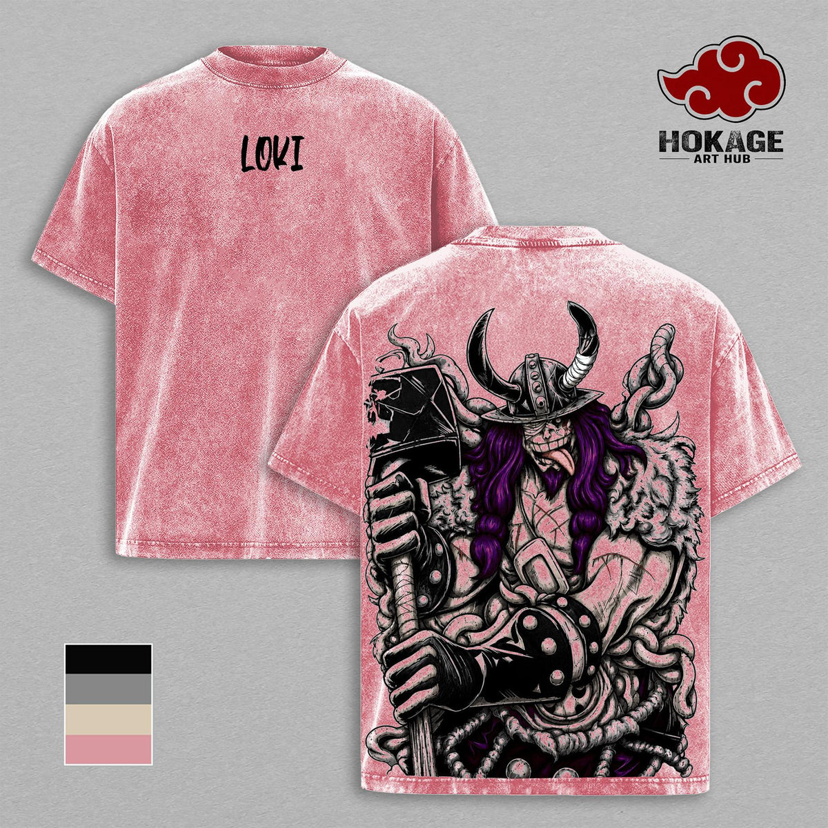 Loki Washed Tee – One Piecee Anime Elbaf Giant Prince Manga Graphic Double Printed T-Shirt, Menswear Heavy Cotton Unisex Oversize Streetwear Vintage Anime Tee