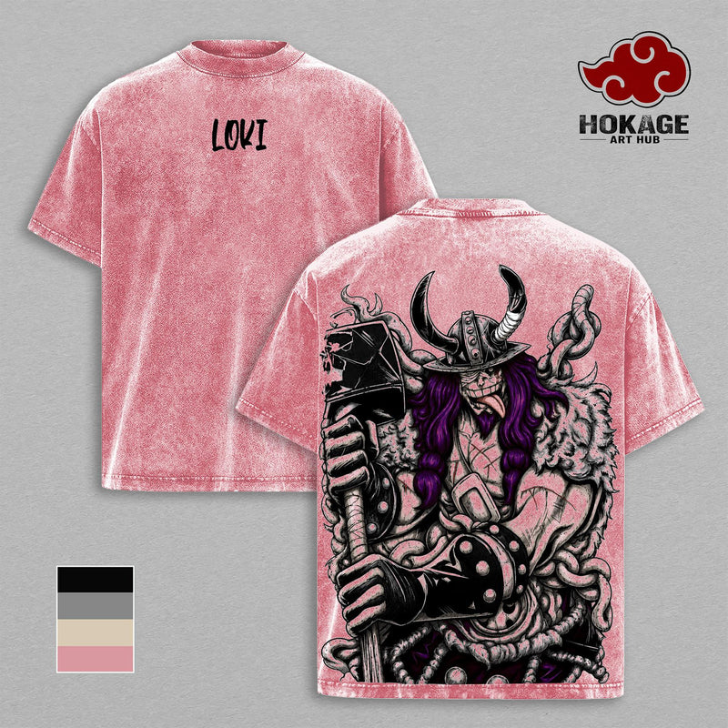 Loki Washed Tee – One Piecee Anime Elbaf Giant Prince Manga Graphic Double Printed T-Shirt, Menswear Heavy Cotton Unisex Oversize Streetwear Vintage Anime Tee