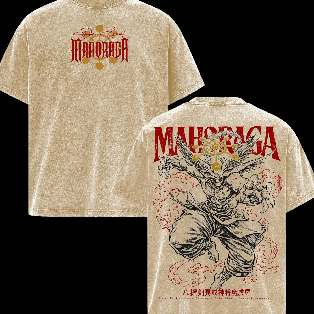 Mahoraga Jujutsu Kaisen Men’s Graphic T-Shirt, Eight-Handled Sword Divine General Double Sided Anime Tee, Oversized Vintage Washed Soft Cotton Streetwear, Gift for JJK Fans