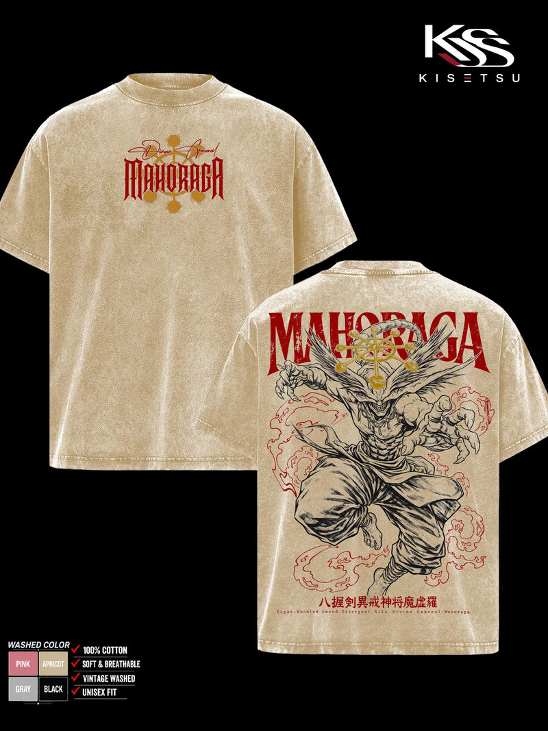 Mahoraga Jujutsu Kaisen Men’s Graphic T-Shirt, Eight-Handled Sword Divine General Double Sided Anime Tee, Oversized Vintage Washed Soft Cotton Streetwear, Gift for JJK Fans