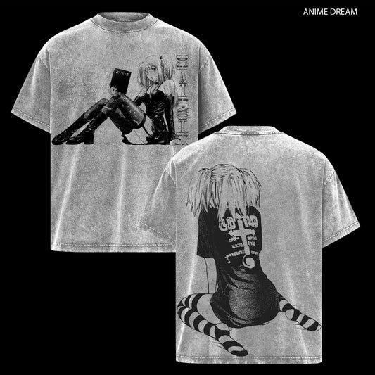 Misa Amane Death Note Anime Double Printed Vintage Washed Tee Unisex Oversize Heavyweight Cotton T-shirt for Anime Fans and Lovers