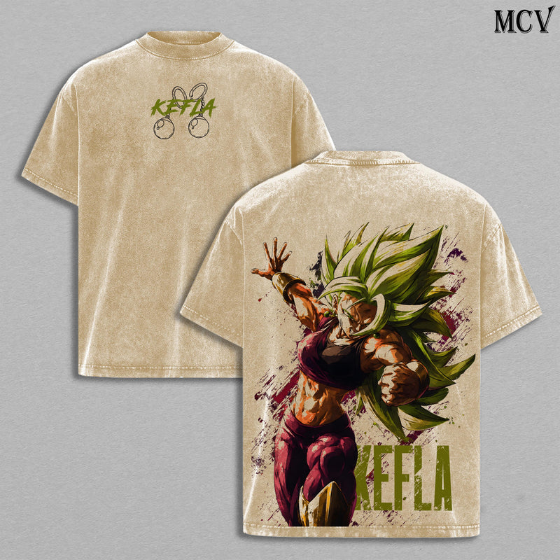Kefla DBZ Washed Tee | DBS Anime Shirt | Fusion Queen | Female Super Saiyan | Potara Fusion Warrior | Berserk Saiyan Girl | Green Aura Fighter | Anime Manga Graphic Double Printed T-Shirt | Heavy Cotton Unisex Oversize Streetwear Vintage Edition