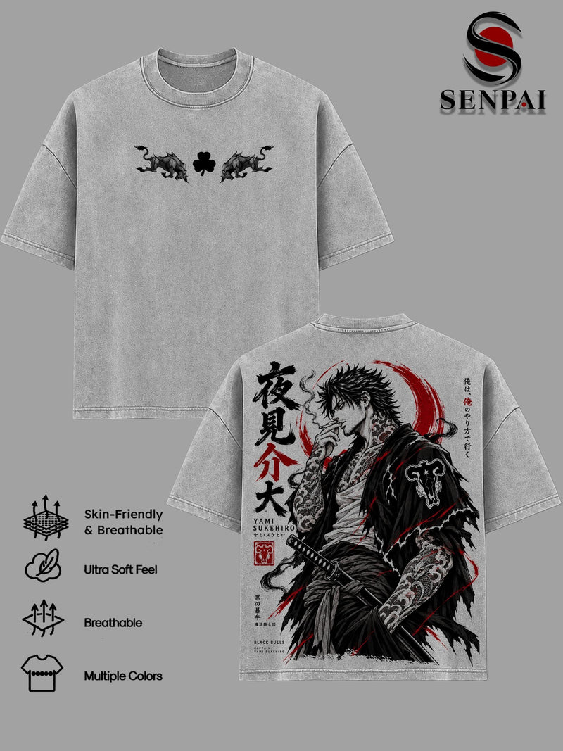 Yami Sukehiro Black Clover Vintage Washed Hoodies & T-Shirt, Black Bulls Captain Anime Graphic Tee, Oversized Double Sided Manga Print, Dark Magic Samurai Unisex Streetwear Top, Gift for Anime Fans