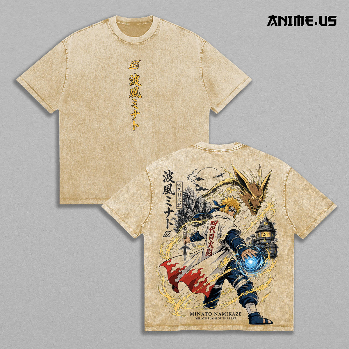 Minato Namikaze Naruto Vintage Acid Wash Anime Graphic Tee, Yellow Flash Rasengan Battle Speed Aura Large Back Print Graphic Shirt Unisex Cotton Streetwear