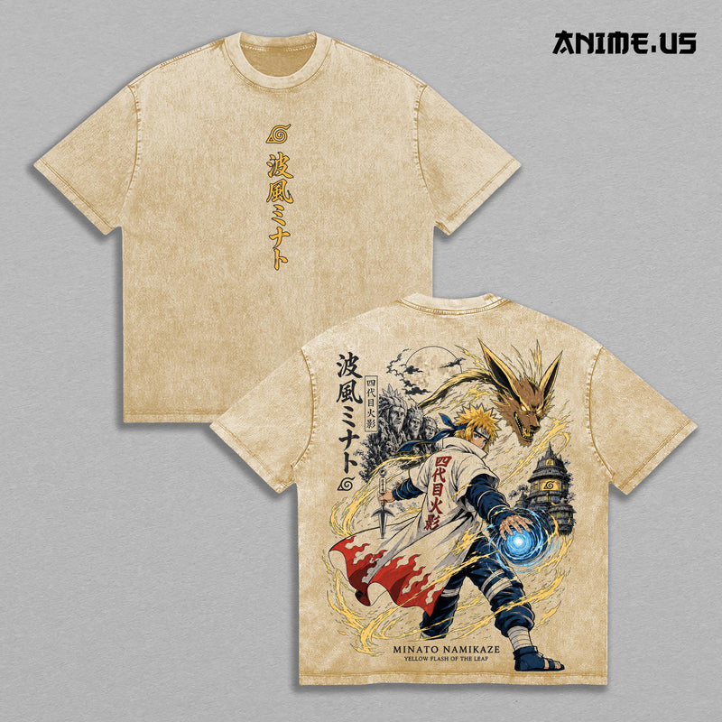 Minato Namikaze Naruto Vintage Acid Wash Anime Graphic Tee, Yellow Flash Rasengan Battle Speed Aura Large Back Print Graphic Shirt Unisex Cotton Streetwear