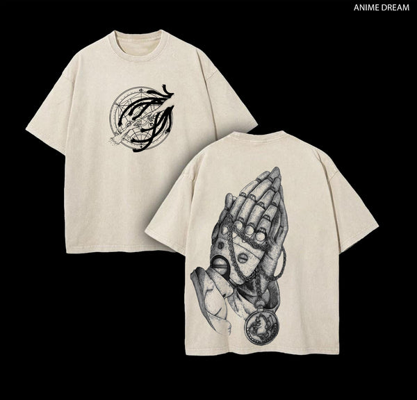 Fullmetal Alchemist Anime Double Printed Vintage Washed Tee Unisex Oversize Anime Manga Washed Heavyweight Cotton T-shirt