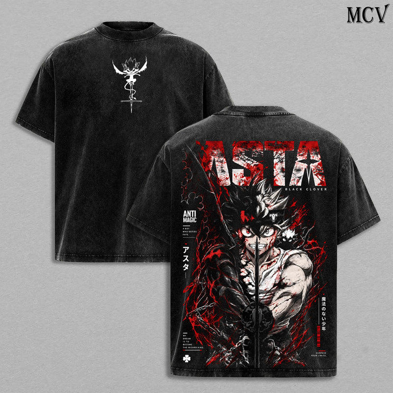 Asta Black Clover Tee – Asta Vintage Washed T-Shirt | Black Bulls | Anti-Magic Devil Power | Black Clover Season 2 2026 Anime Manga Graphic Tee | Heavy Cotton Unisex Oversized Streetwear Top