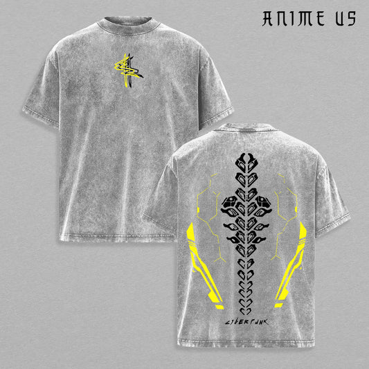 Cyberpunk Sandevistan Netrunner T-Shirt, Spinal Tattoo EdgeRunners Unisex Tee Washed Heavyweight Cotton Cyberpunk 2077 Gamer Streetwear, Retro Anime Techwear Gift