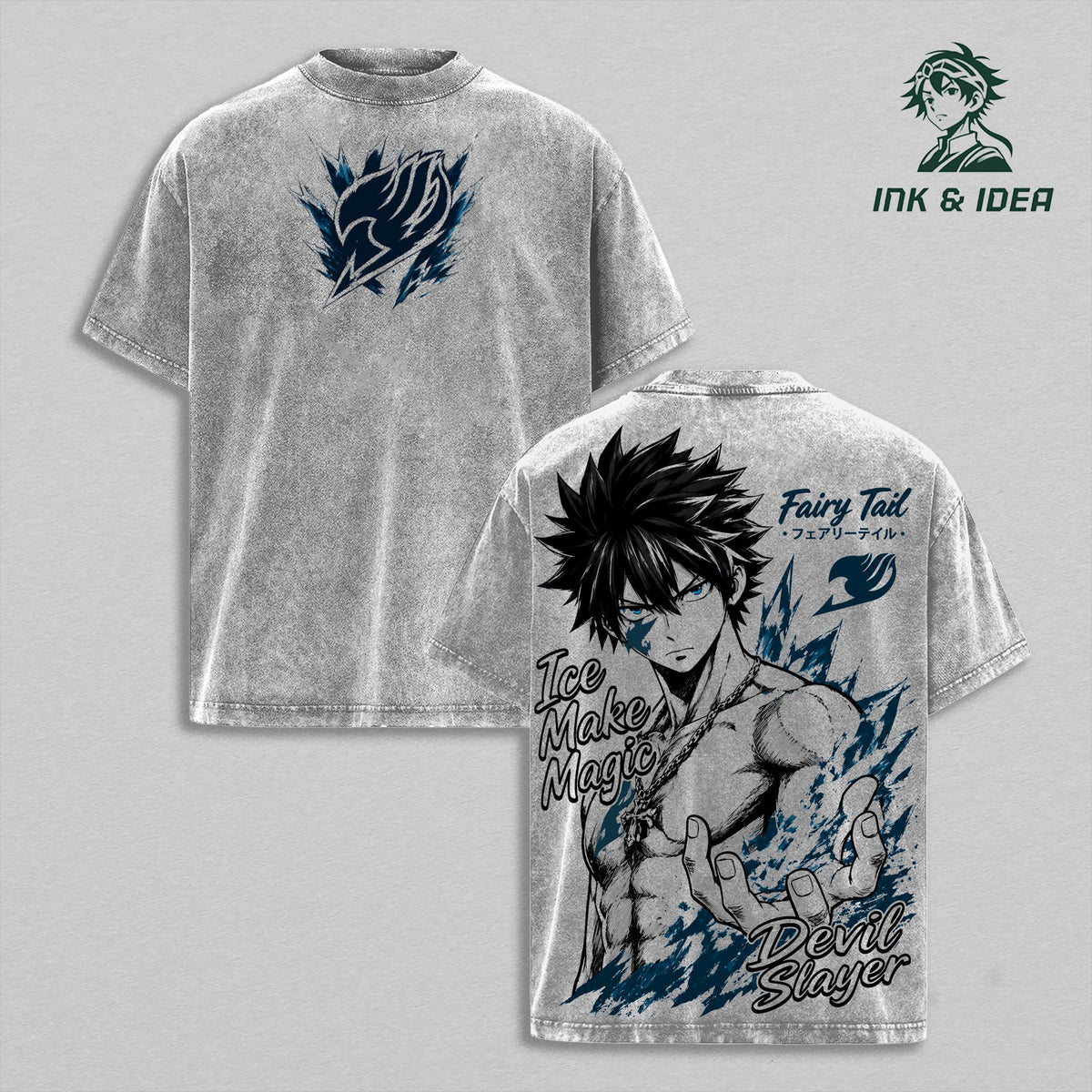 Gray Fullbuster Ice Devil Slayer Vintage Washed Anime Tee, Fairy Tail Ice Make Magic Graphic Shirt, Oversized Heavyweight Cotton Streetwear, Manga Style Anime Fan Gift
