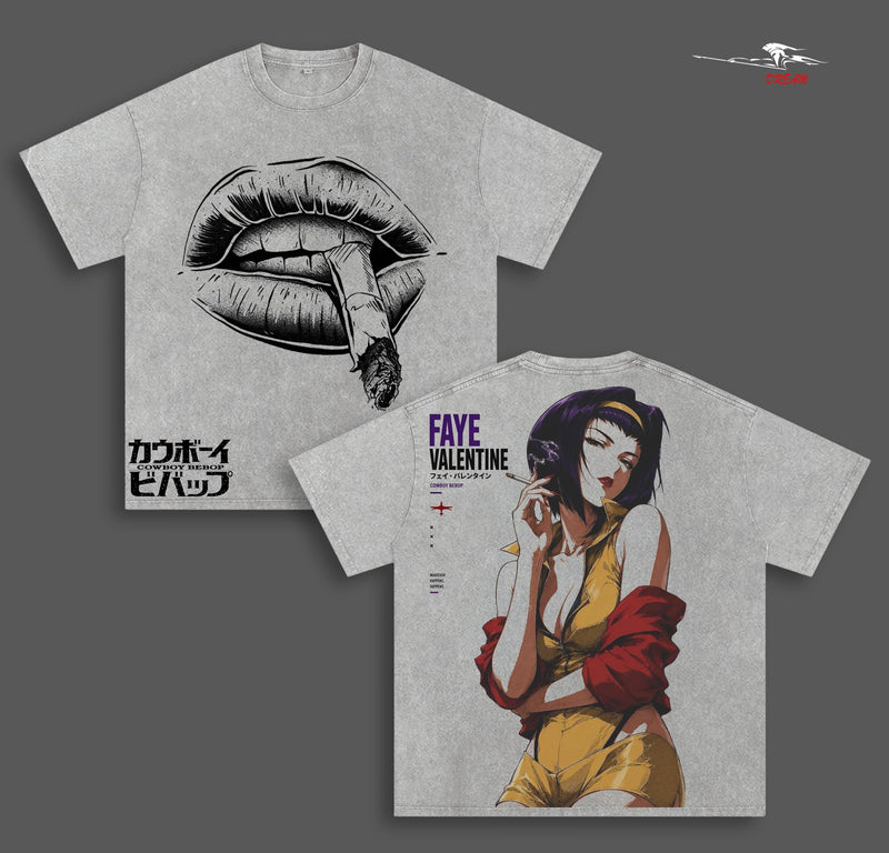 Faye Valentine Cowboy Bebop Anime Double Printed Vintage Washed Tee Unisex Oversize Heavyweight Cotton T-shirt for Anime Fans and Lovers